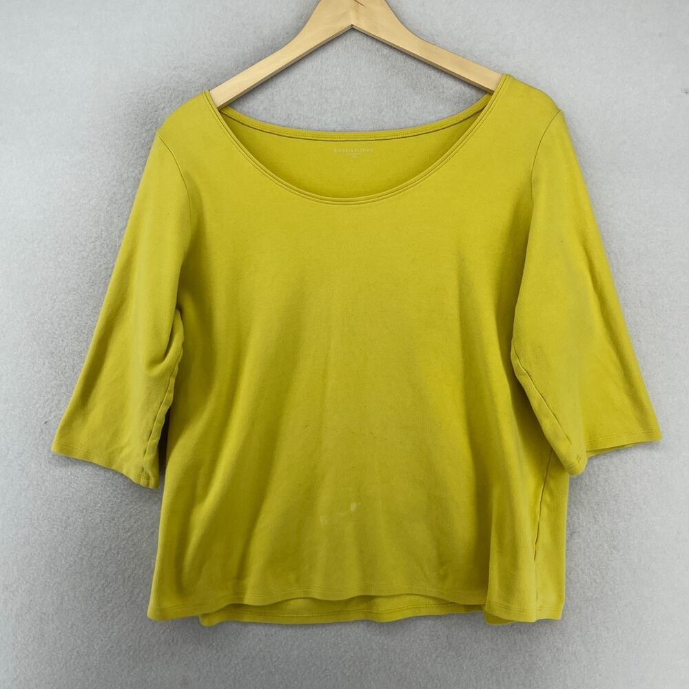 EILEEN FISHER Top XL Cotton Interlock Jersey Scoop Neck 3/4 Sleeve Yellow